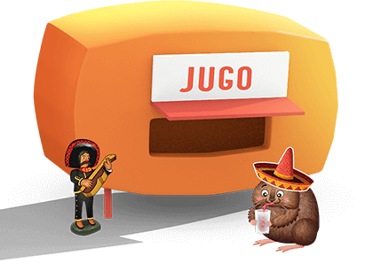 The Spaniard with a guitar and a mouse stands in front of a booth with the word 'juice'