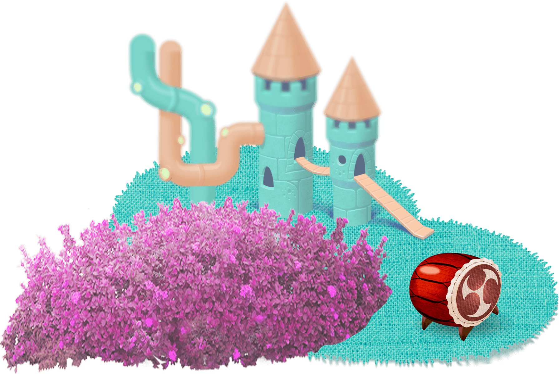Towers on the grass, bushes and barrel